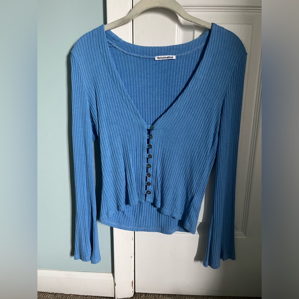 Reformation Sky Blue Ribbed Button-Front Long Sleeve Top